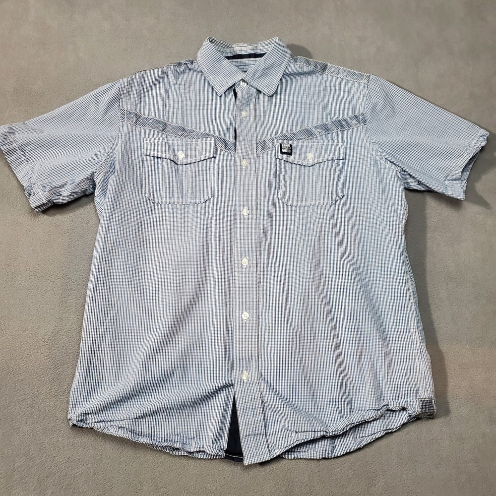 ECKO Shirt Mens Large Blue Black Check Hip Hop 90s Y2K Short Sleeve Clear Accent